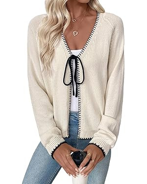 EVALESS Womens Cardigan Sweaters Trendy V Neck Long Sleeve Open Front Bow Tie Knit Chunky Lightwe... | Amazon (US)