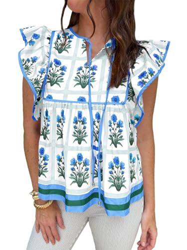 Cicy Bell Womens Floral Peplum Babydoll Tops Ruffle Cap Sleeve V Neck Blouses Summer Casual Boho Flowy Shirts Blue | Amazon (US)