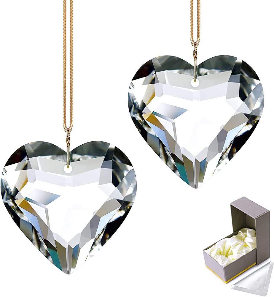 GOLDENHAITAI Clear Heart Crystal Suncatcher, 2pc 45mm Hanging Prism for Windows, Outdoor Indoor D... | Amazon (US)
