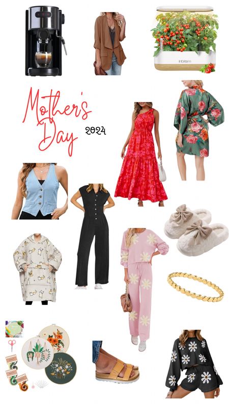 Mother’s Day gift ideas- all things I have and love (minus the hydroponic countertop garden, that’s what I want 😉) 
1. Super affordable espresso machine. 2. Lightweight blazer. 3. Hydroponic garden. 4. Red floral dress. 5. Satin robe. 6. Denim vest. 7. Free people dupe jumpsuit. 8. Knit Floral pajamas. 9. Bow slippers. 10. Gold filled dainty ring. 11. Cat print blanket hoodie. 12. Embroidery set. 13. Reef sandals. 14. Knit pajamas shorts set 

#LTKfindsunder50 #LTKGiftGuide #LTKhome