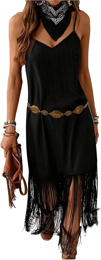 Verdusa Women's Western Fringe Dress Vintage Deep V Neck Maxi Cowgirl Dresses | Amazon (US)