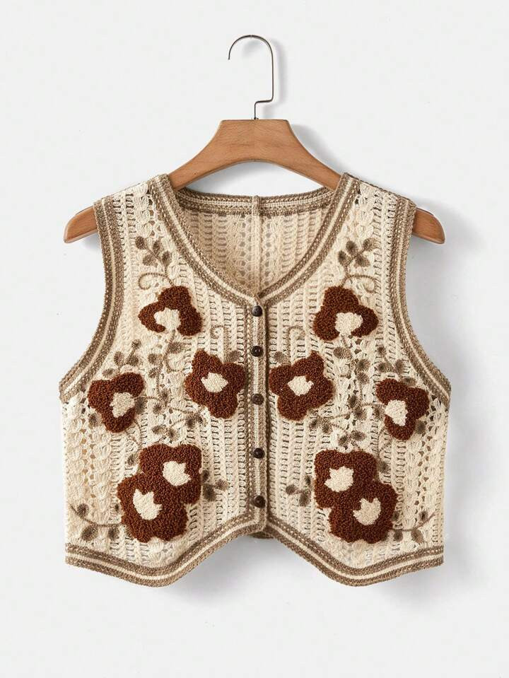 SHEIN LUNE Women's Floral Pattern Button Front Sweater Vest | SHEIN