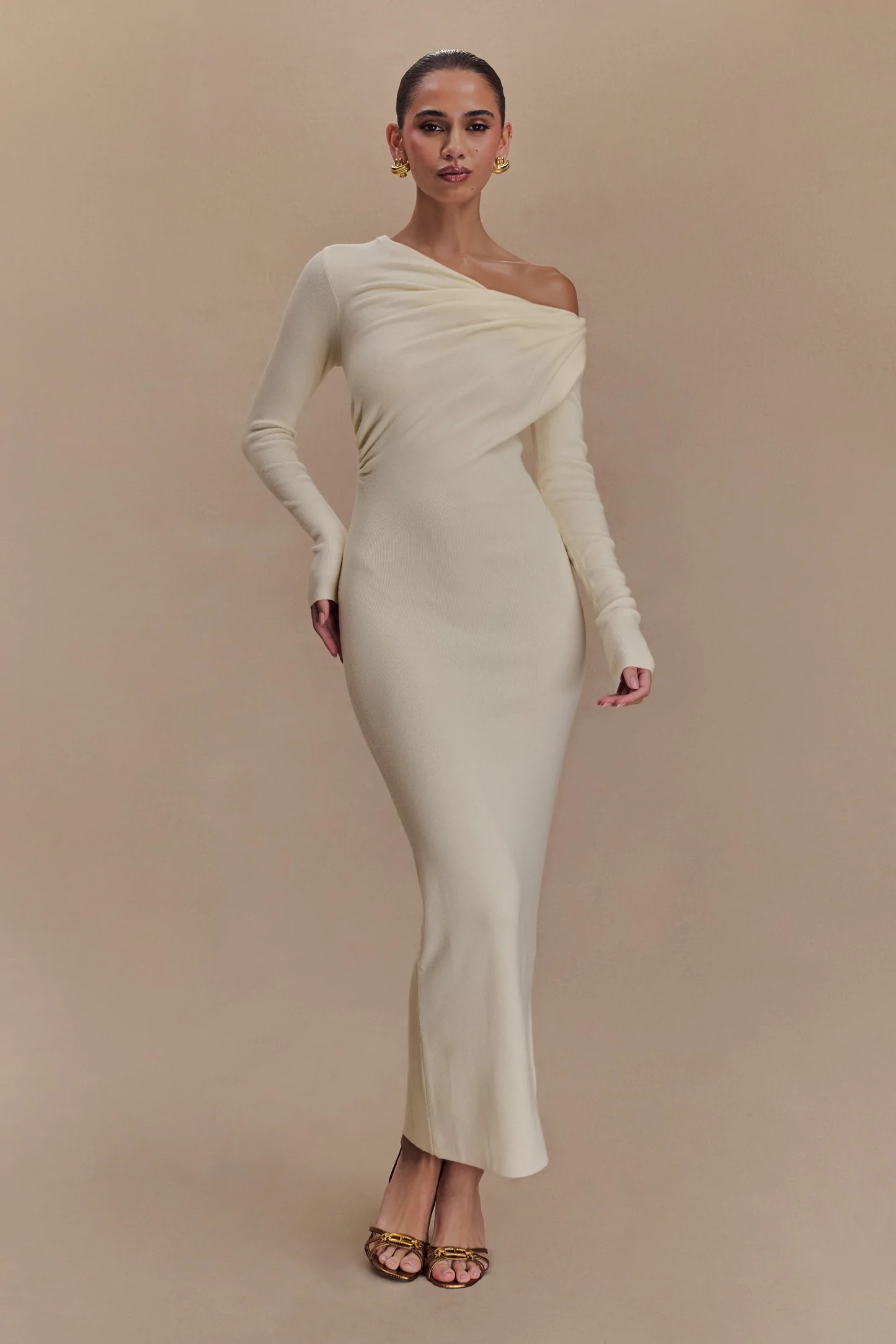 Draped Twist Knit Midi Dress - Cream | MESHKI US