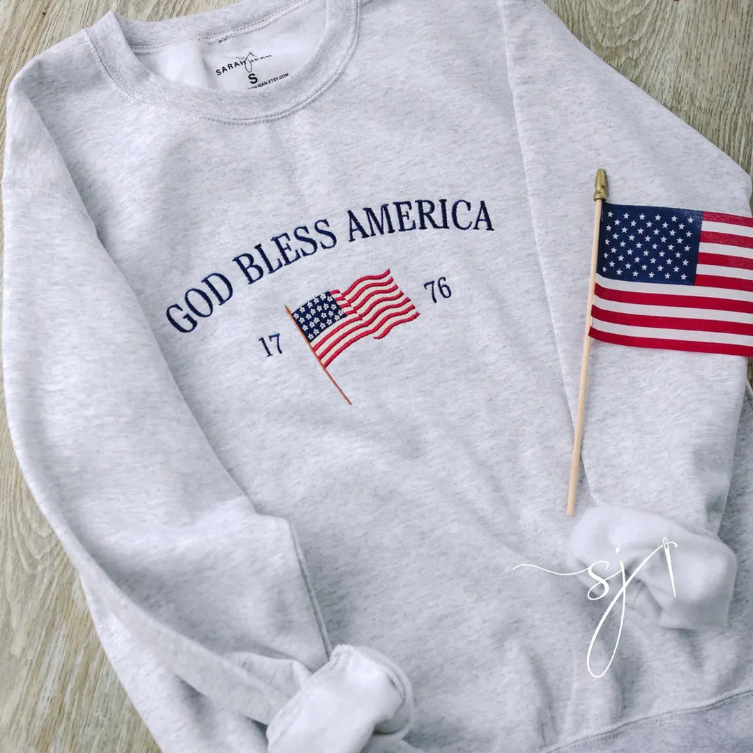 God Bless America Embroidered Gildan Crewneck Sweatshirt, Fourth of July Summer Red White and Blu... | Etsy (US)