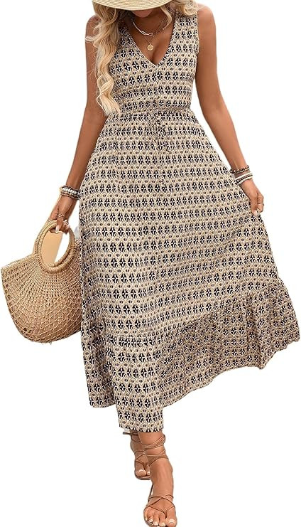 HELYO Women's Maxi Dress Summer Floral Print Flowy V Neck Sleeveless Bohemian Beach Casual Travel... | Amazon (US)