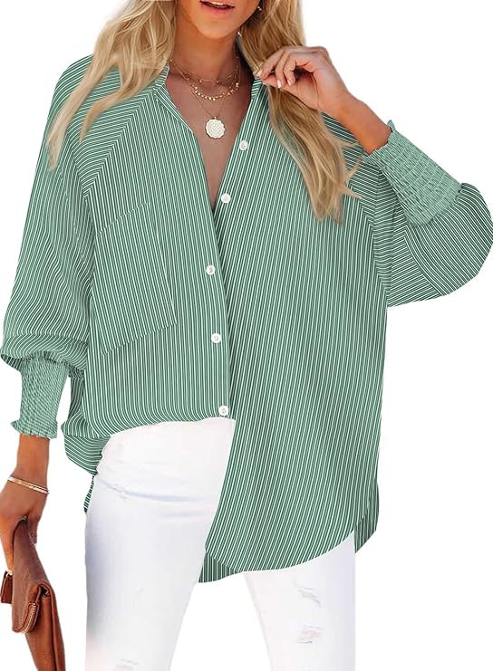 Womens Smocked Cuffed Striped Boyfriend Shirt Casual Collar Long Sleeve Oversized Button Down Blo... | Amazon (US)