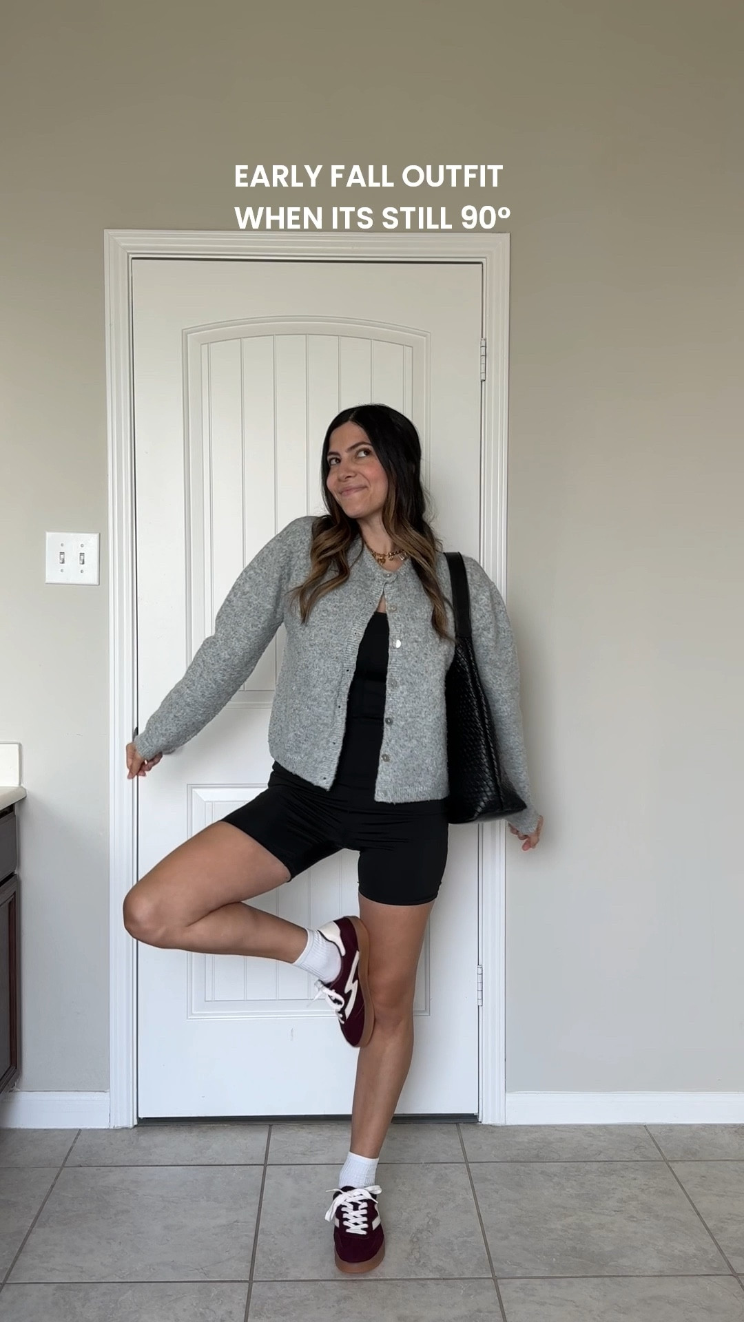 Fall outfit 🍂☀️
Size small in onesie & cardigan 
Shoes on my Amazon storefront 


Grey cardigan, black woven tote bag, maroon sneakers women, women sneakers, casual fall shoes, casual fall outfit  