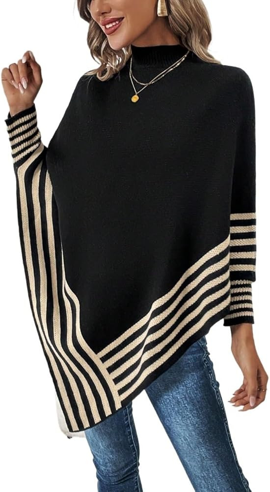 OHORTLNB sweaters for women Striped Pattern Batwing Sleeve Asymmetrical Hem | Amazon (US)