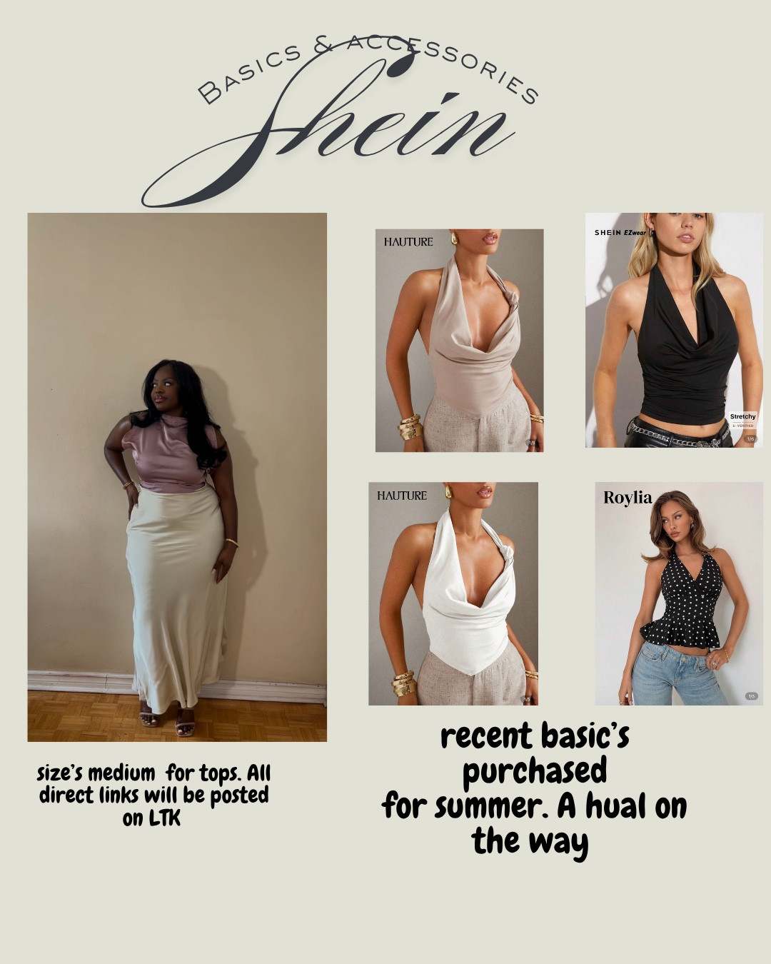 Summer wardrobe essentials 

Tops - medium 
Bottoms - L - XL 

#LTKsummer #LTKcurves #LTKmidsize