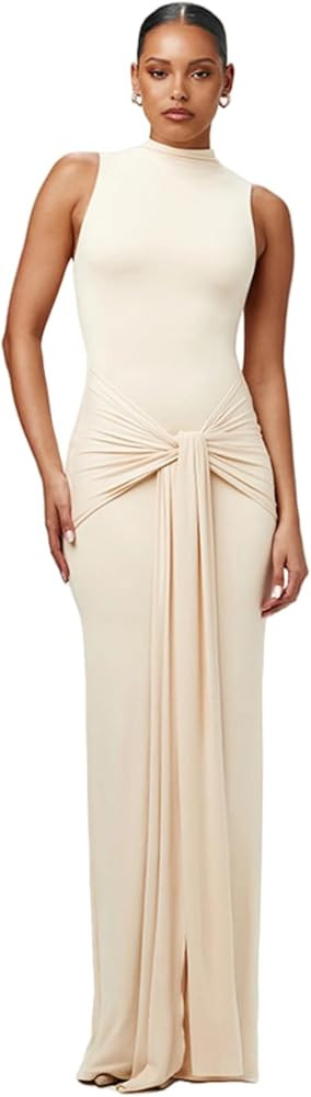 JUMISEE Women's Sexy High Neck Long Sleeve Maxi Dress Elegant Tie Waist Bodycon Long Dress Cockta... | Amazon (US)