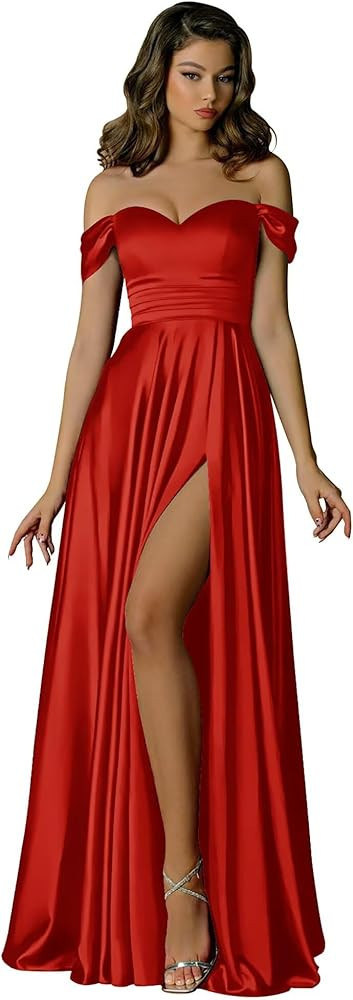 Wchecalino Off Shoulder Ruched Bridesmaid Dresses for Women Long Satin Formal Party Dress with Sl... | Amazon (US)