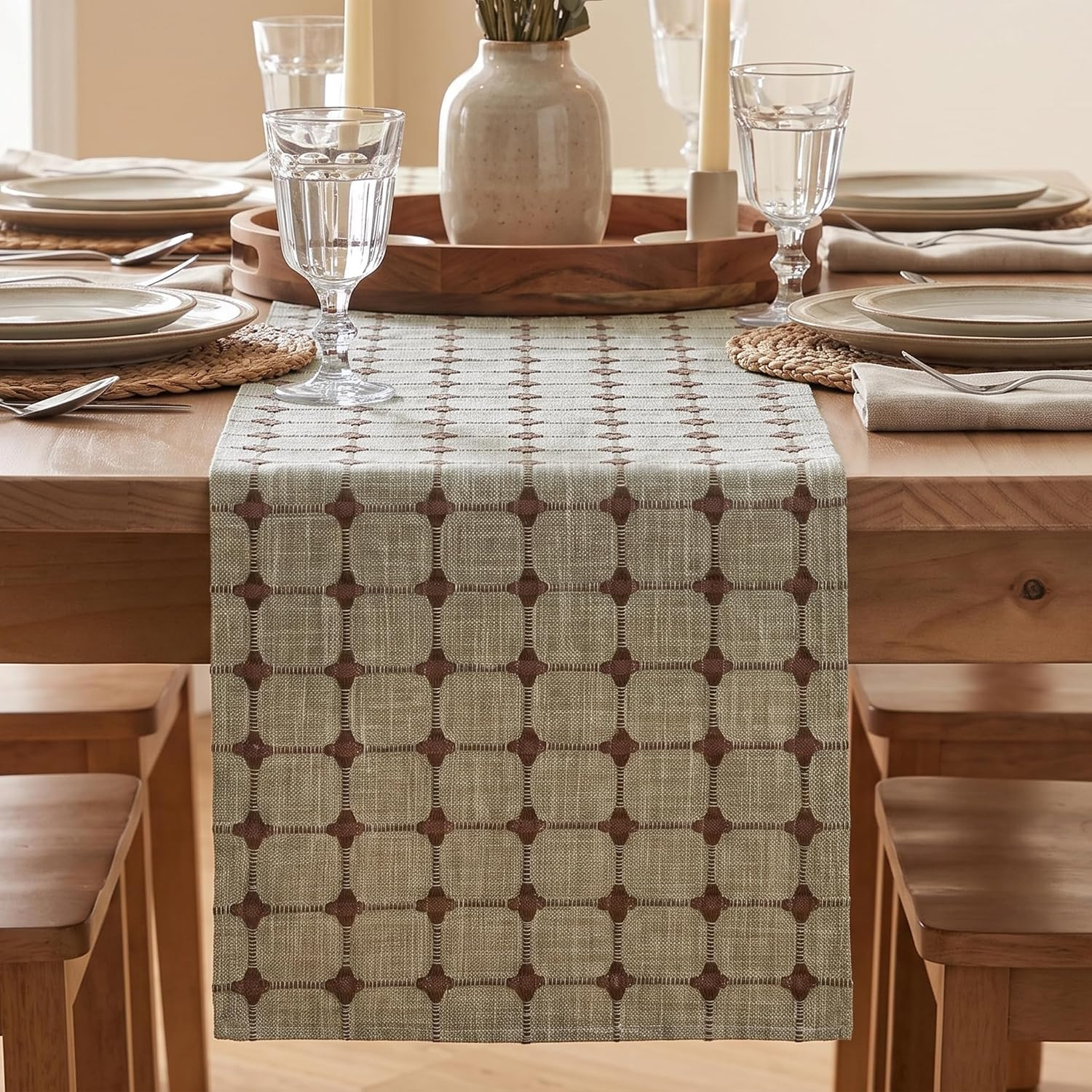 Artoid Mode Coffee Brown Rustic Plaid Farmhouse Table Runner, Seasonal Fall Embroidered Kitchen Dining Table Decoration for Home Party Decor 12x72 Inch | Amazon (US)