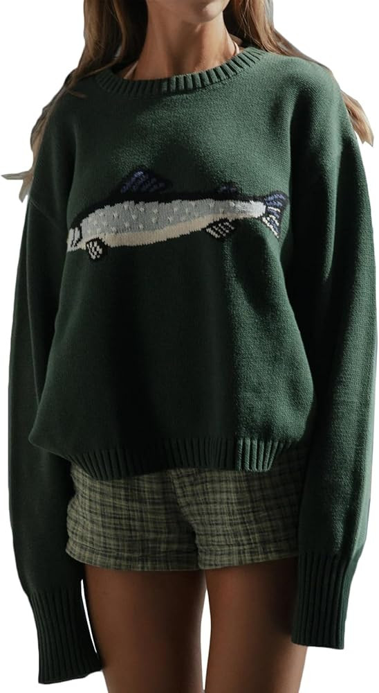 Women Knit Sweater Top Cute Graphic Oversized Knitwear Long Sleeve Pullover Top Loose Fit Fall St... | Amazon (US)