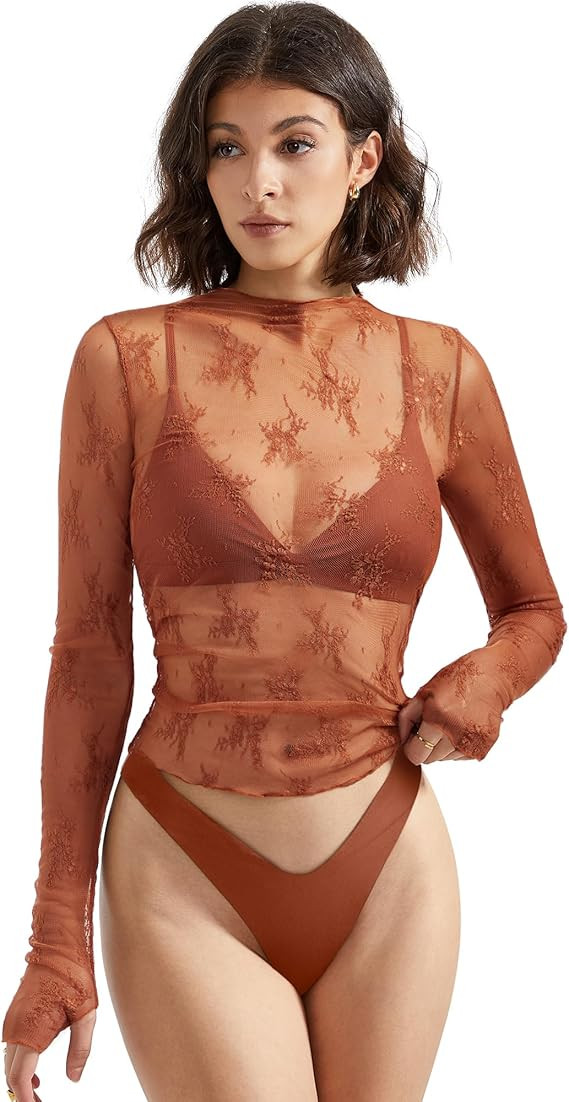 SUUKSESS Women Sexy Mesh Sheer Long Sleeve Tops Mock Neck Going Out Lace Shirts | Amazon (US)