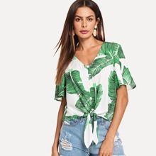 Buttoned Knot Front Tropical Top | SHEIN