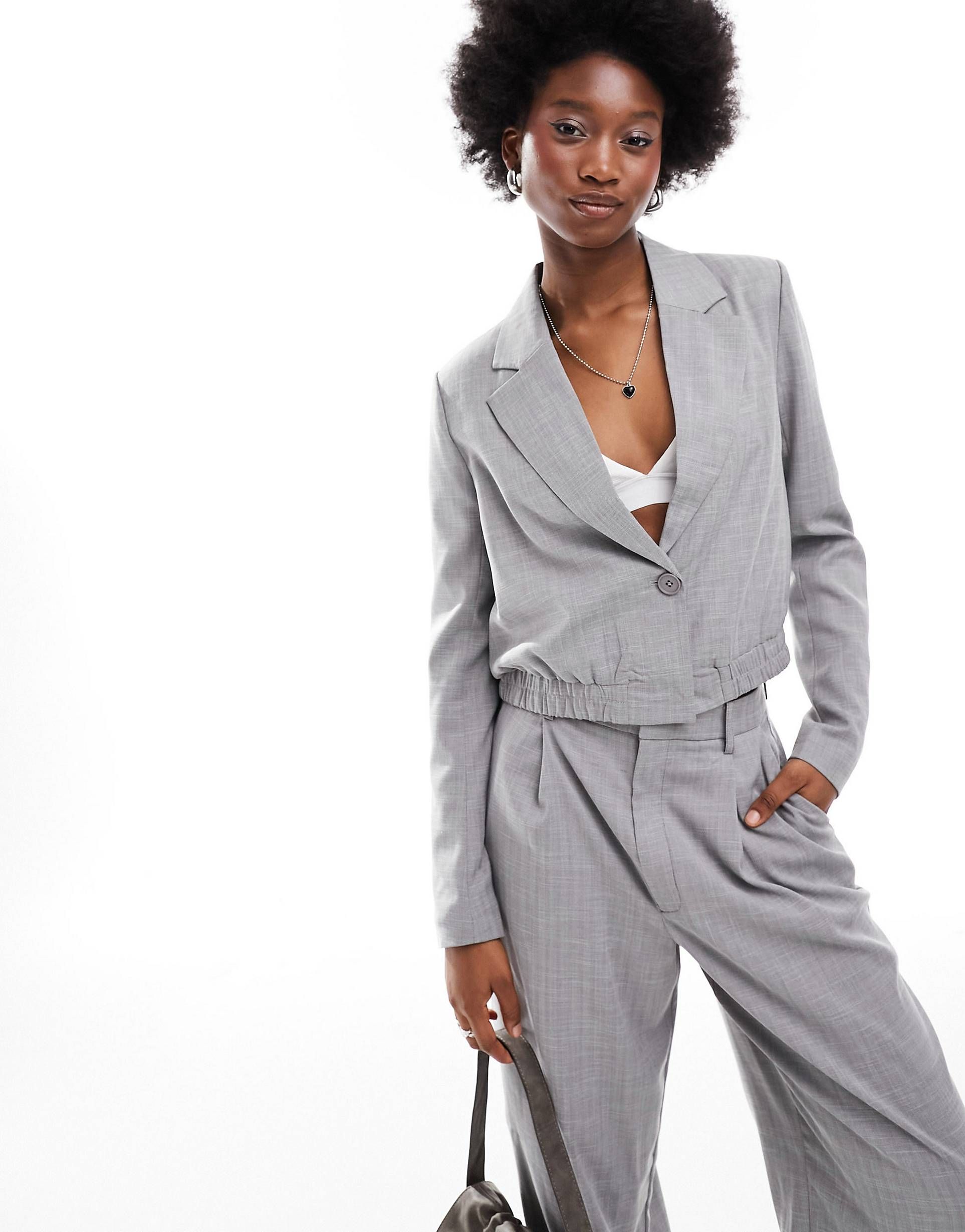 Noisy May cropped blazer with elastic waist in light gray - part of a set | ASOS (Global)