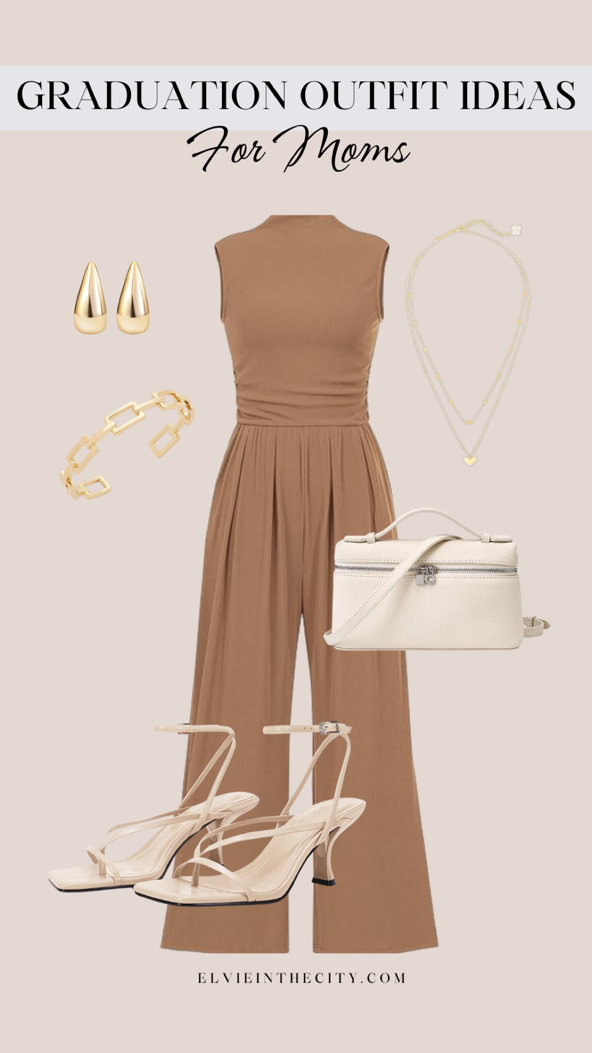 Graduation outfit idea for moms. This sleeveless jumpsuit is paired with a layered gold necklace, gold teardrop earrings, a gold cuff bracelet, a crossbody bag, and strappy heeled sandals.

Graduation dress, graduation outfit, Easter outfit, spring outfit, fashion over 40, over 50 style, petite fashion, affordable fashion

#LTKPetite #LTKFindsUnder50 #LTKStyleTip