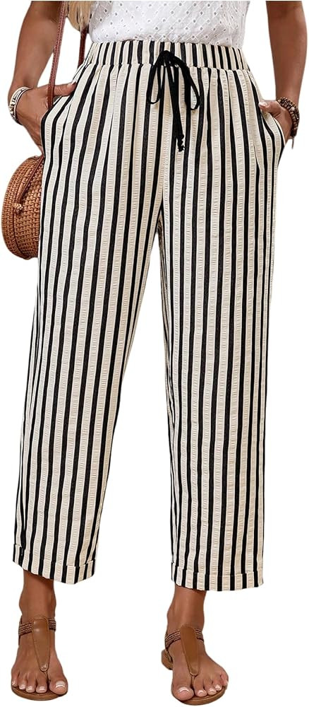 Women's Striped 3/4 Length Pants Straight Leg Drawstring Waist Cropped Pants Trousers with Pocket... | Amazon (US)