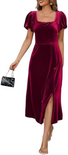 BLENCOT Women's Casual Fall Short Sleeve Square Neck Midi Dress Side Slit Velvet Wedding Guest Fl... | Amazon (US)