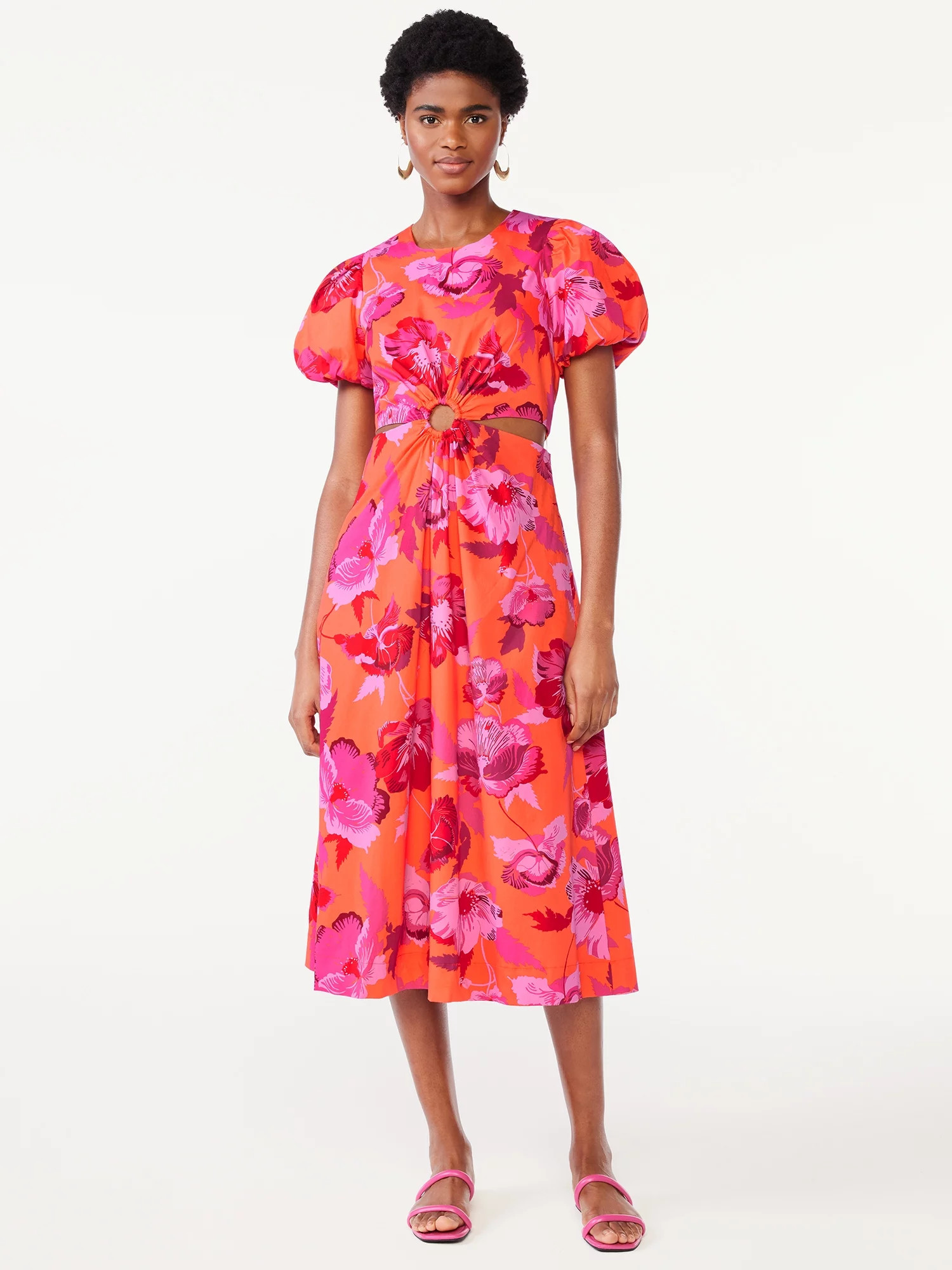 Scoop Women's Cut Out Midi Dress with Puff Sleeves, Sizes XS-XXL | Walmart (US)