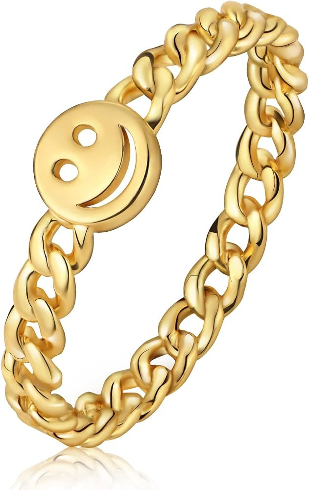 YeGieonr Women Good Luck Smiley Face Ring Happy Face Stackable Ring with Cute Chain Link Band | Amazon (CA)