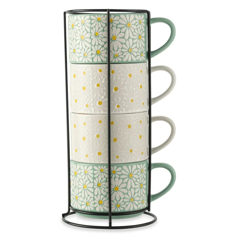 Thyme & Table White 4 Pack Stacking White and Green Floral Mugs 11.1 fl oz, Stoneware - Walmart.c... | Walmart (US)