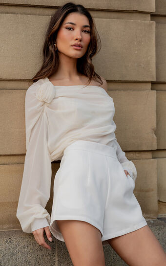 Terry Top - One Shoulder Rosette Detail Gathered Top in Cream | Showpo (US, UK & Europe)