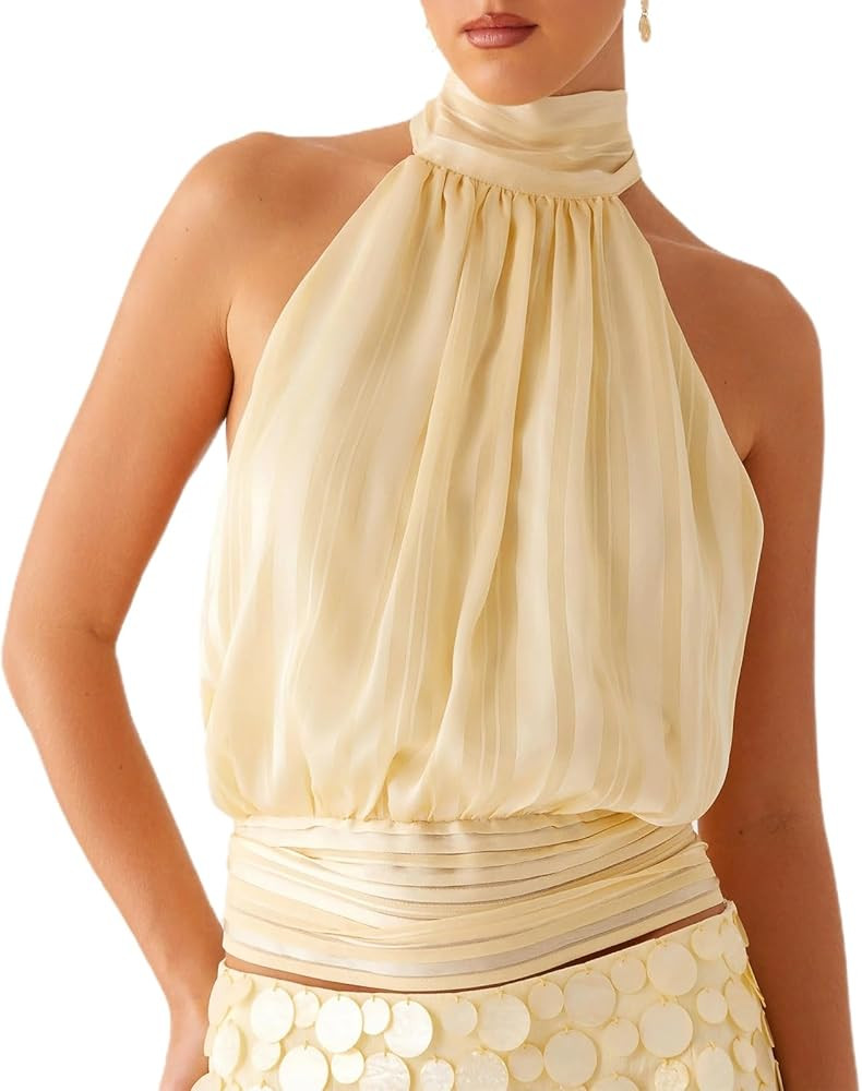 Women Chiffon Puffy Halter Tank Tops Halter Neck Sleeveless Tie Open Back Camisole Sexy Going Out... | Amazon (US)