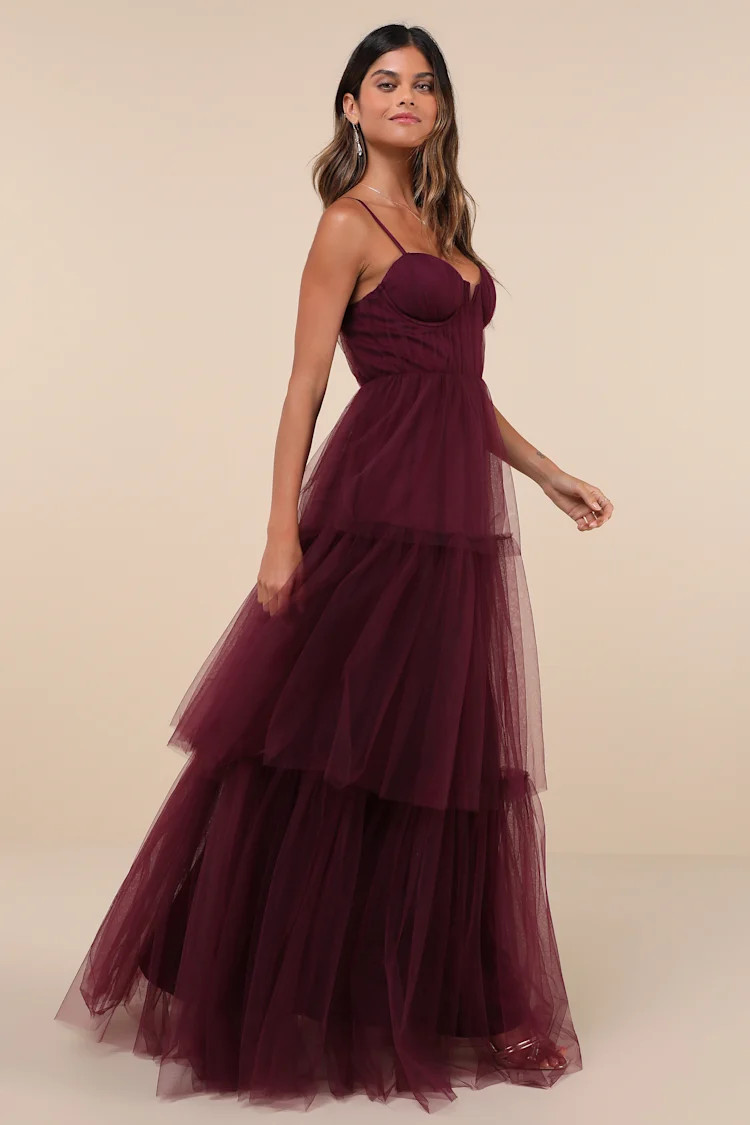 Unforgettable Poise Plum Purple Tulle Bustier Tiered Maxi Dress | Lulus