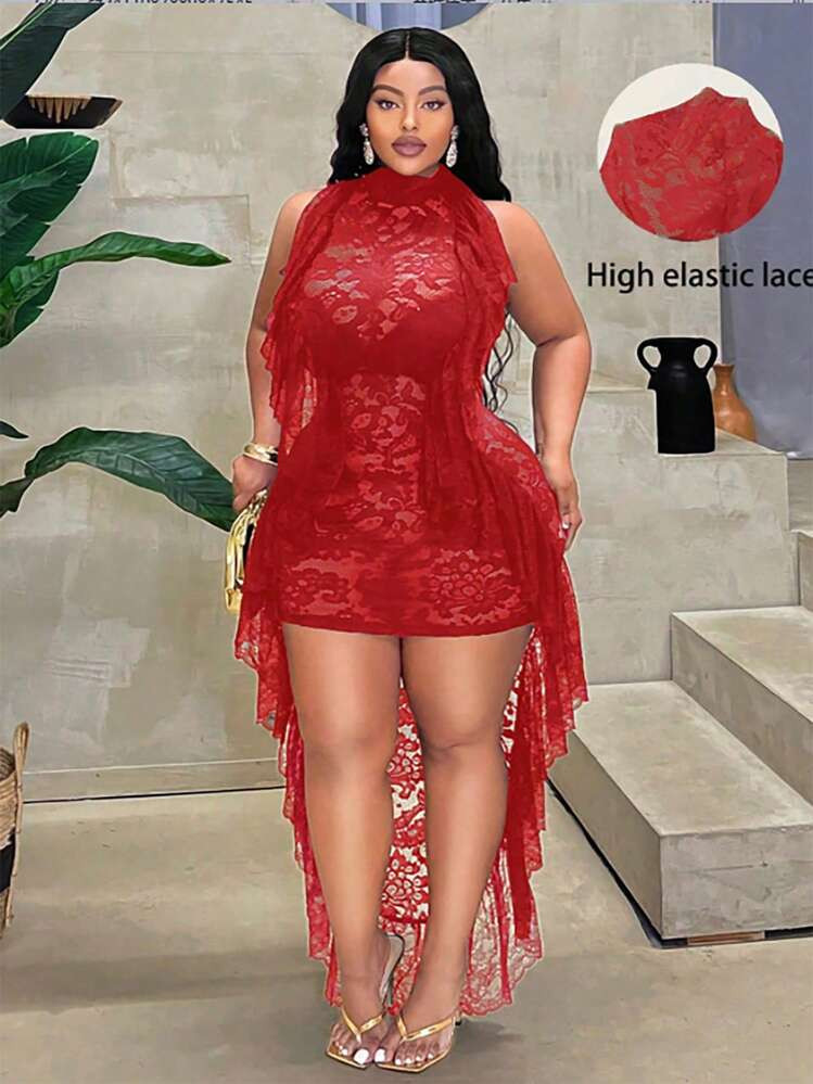 Maweii Plus Size Women Sleeveless Sexy High Stretch Lace Patchwork Bodycon Mini Dress | SHEIN