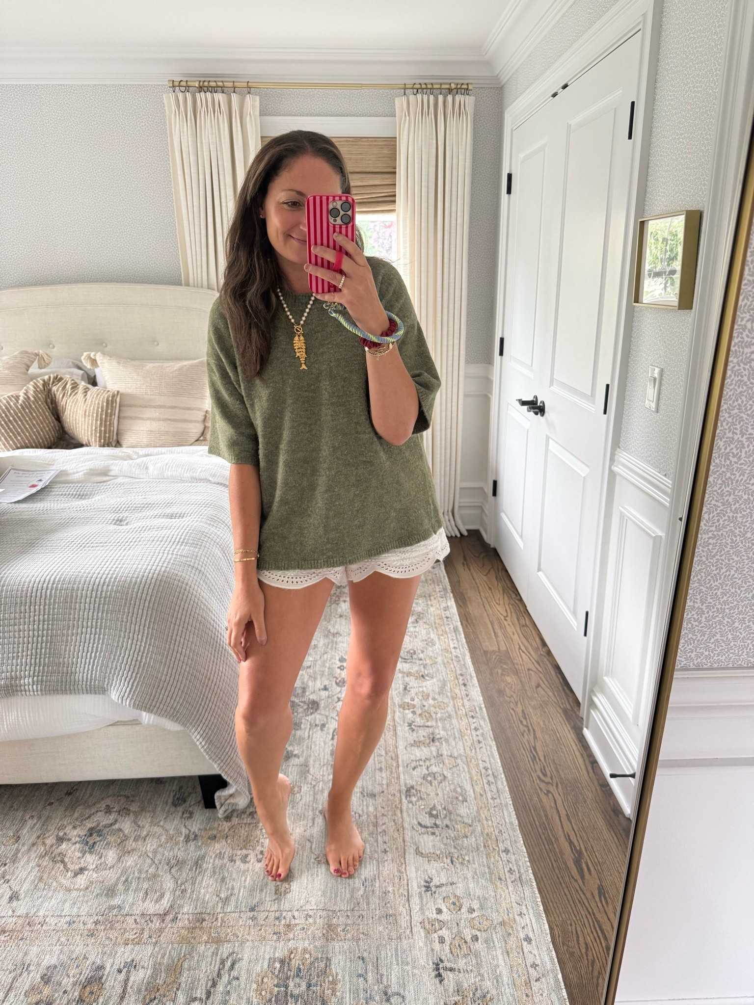 An easy summer outfit: wearing these eyelet shorts on repeat and I love this oversized sweater! Comes in a ton of colors and is so soft. Fish statement necklace is a lot of fun!

#LTKootd #LTKdayinmylife #LTKmomlife