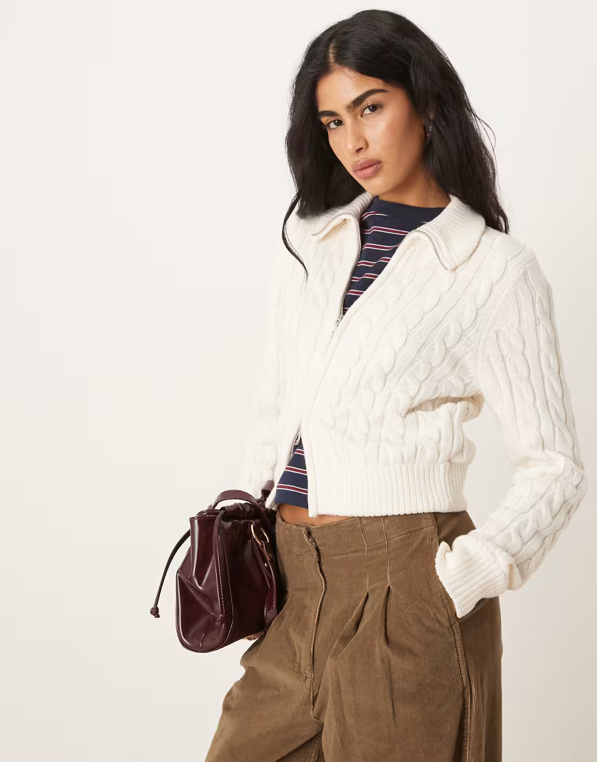 Abercrombie & Fitch cable knit full zip collared cardigan in cream-White | ASOS (Global)