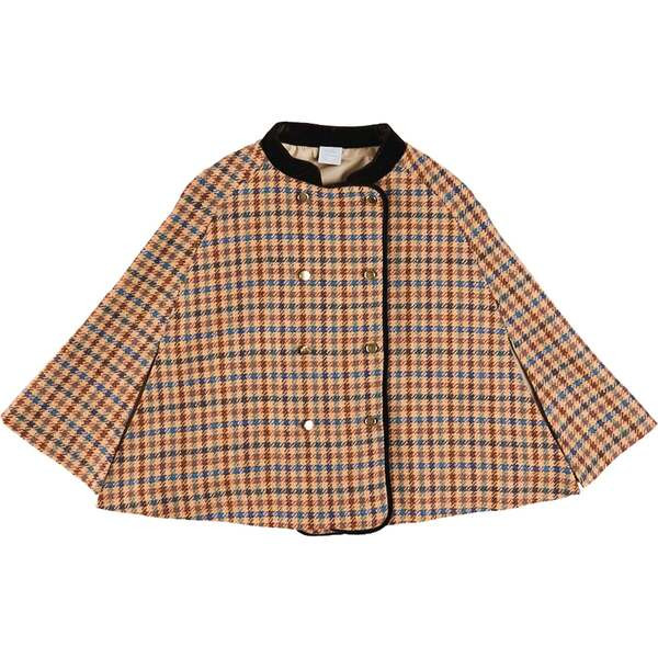 Vincent Check Velvet Collar Gold Button Detail Cape, Brown | Maisonette