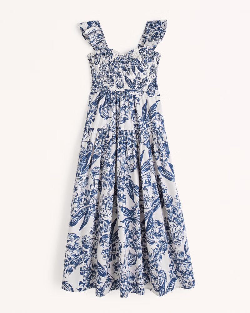 Ruffle Strap Smocked Midi Dress | Abercrombie & Fitch (UK)