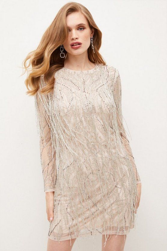 Crystal Embelished Fringed Mini Dress | Karen Millen US