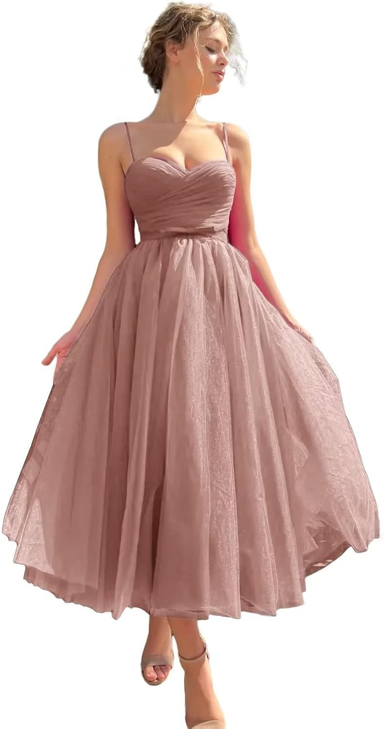 Sevintage Spaghetti Straps Tulle Prom Dress Tea Length Formal Party Evening Dress with Pockets | Amazon (US)