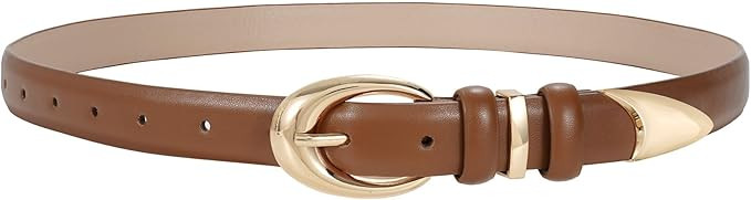 Women Leather Belt for Jeans Pants Fashion Ladies Skinny Faux Leather Dress belt with Gold Buckle | Amazon (US)