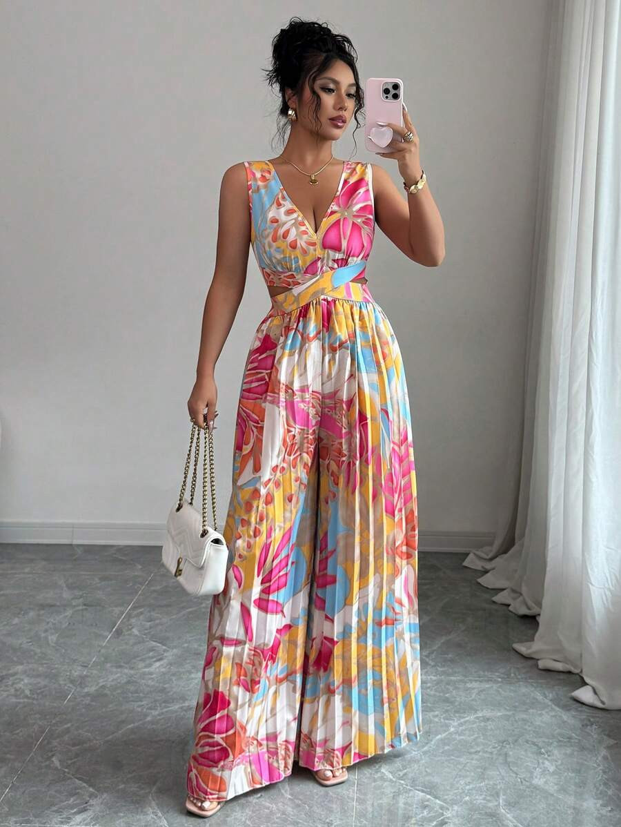 Elenzga Women's Floral Print Cinched Waist Jumpsuit With Pleating, Elegant For Vacation And Every... | SHEIN