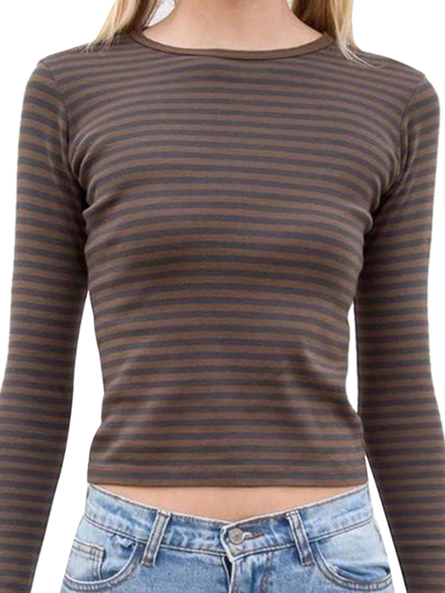 Musuos Women Vintage Stripe Long Sleeve Crop Top Graphic Slim Fit T-Shirt Pullover Tops | Walmart (US)