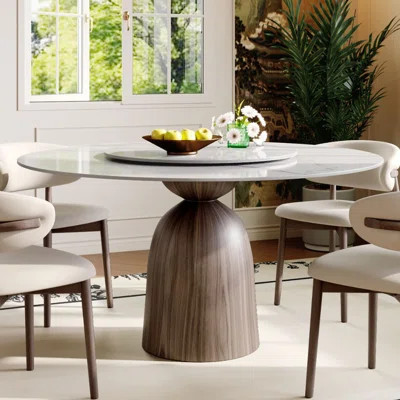 Sintered Stone Round Dining Table With Lazy Susan & Black Solid Wood Base | Wayfair North America