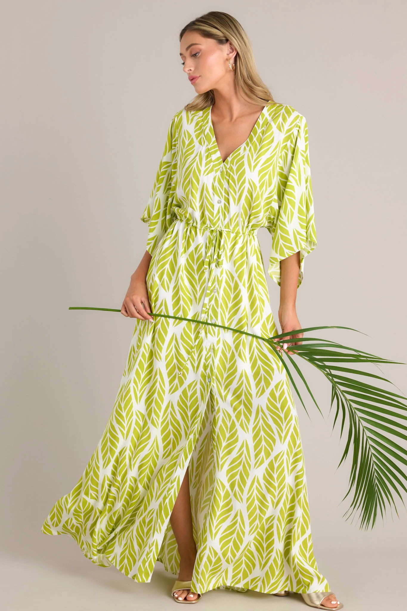 Sunset Palms Lime Green Tropical Print Button Front Maxi Dress | Red Dress