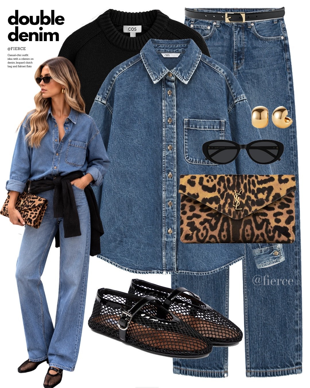 Double denim leopard clutch bag black fishnet flats black oversized jumper

#LTKuk #LTKautumn #LTKeurope