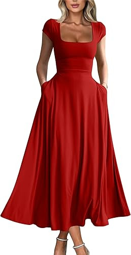YMDUCH Women's Casual Short Sleeve Square Neck Solid Slim Flowy Maxi Dress with Pockets | Amazon (US)