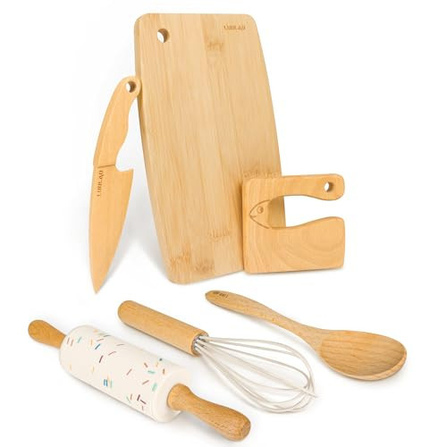 LUOLAO Wooden Kids Safe Knife and Kids Baking Set for Real Cooking, 6 PCS Toddler Montessori Kitchen Tools, Cooking and Baking for Kids Little Chefs | Amazon (US)