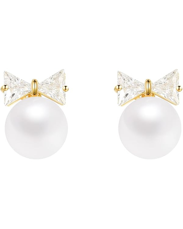 Gold Pearl Bow Earrings Simple Pearl Stud Earring for Women 14K Gold Plated Cubic Zirconia Bow Ea... | Amazon (US)