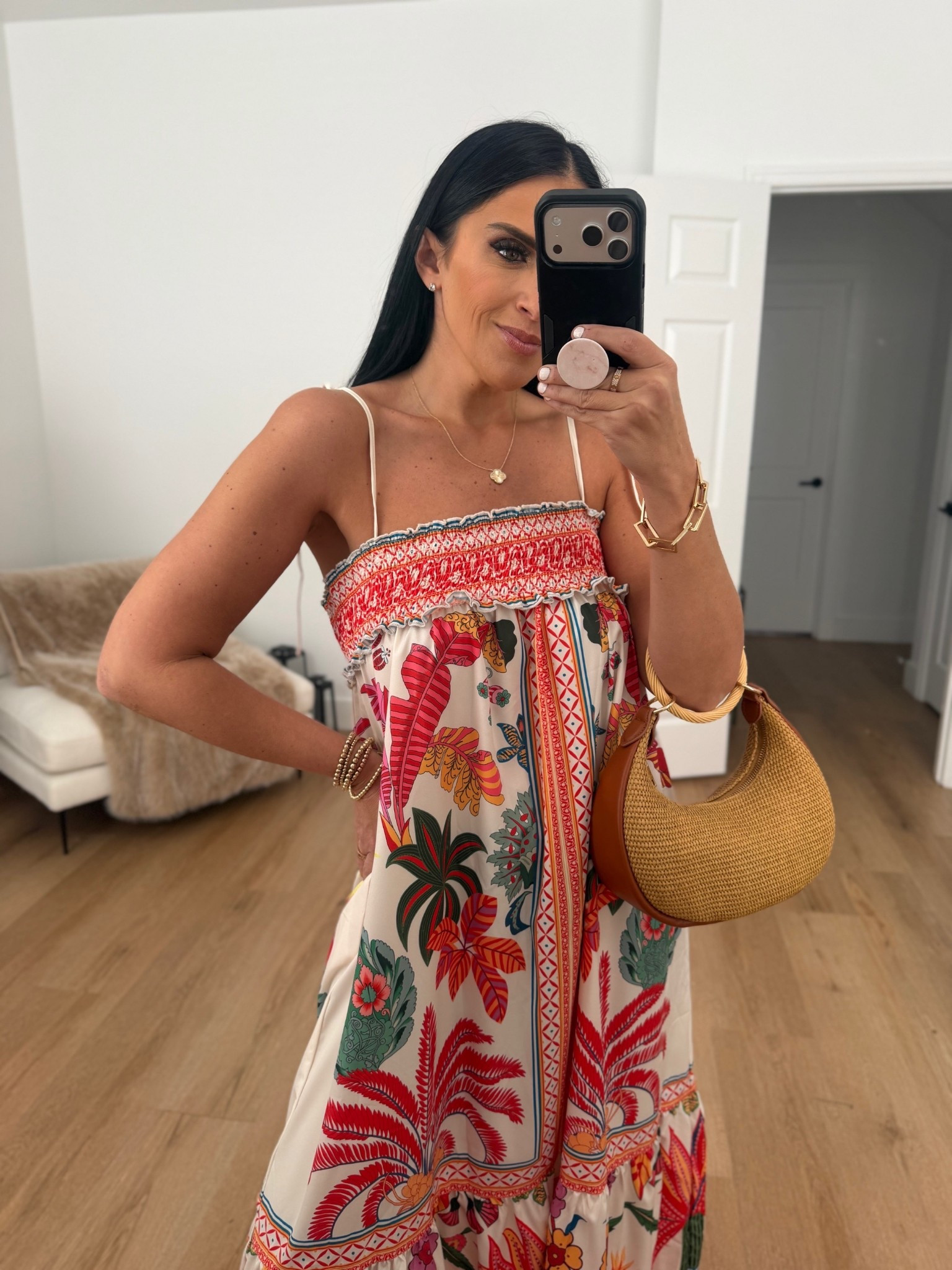 Farm Rio inspired Women's Boho Floral maxi dress wearing size medium. 