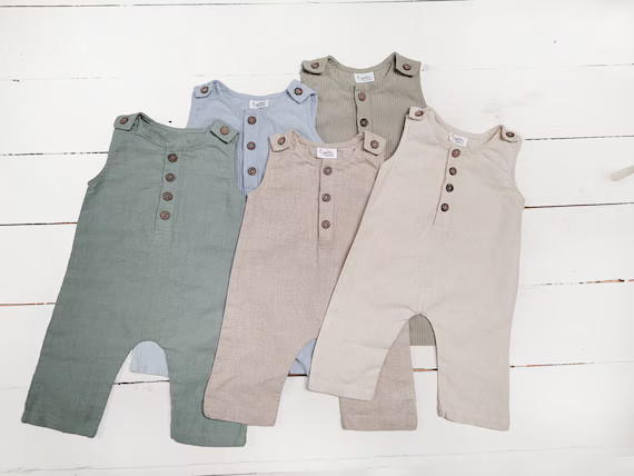 Baby Boy Linen Romper Jumpsuit One piece Buttoned Neutral Spring Easter summer colors Sleeveless ... | Etsy (US)
