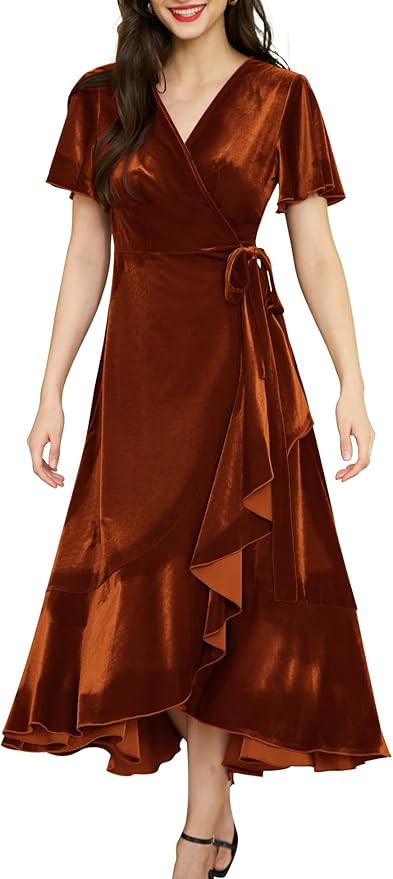 Women's Velvet Maxi Dress Boho V Neck Wrap Dress for Wedding Guest Fall Maternity Formal Dress wi... | Amazon (US)