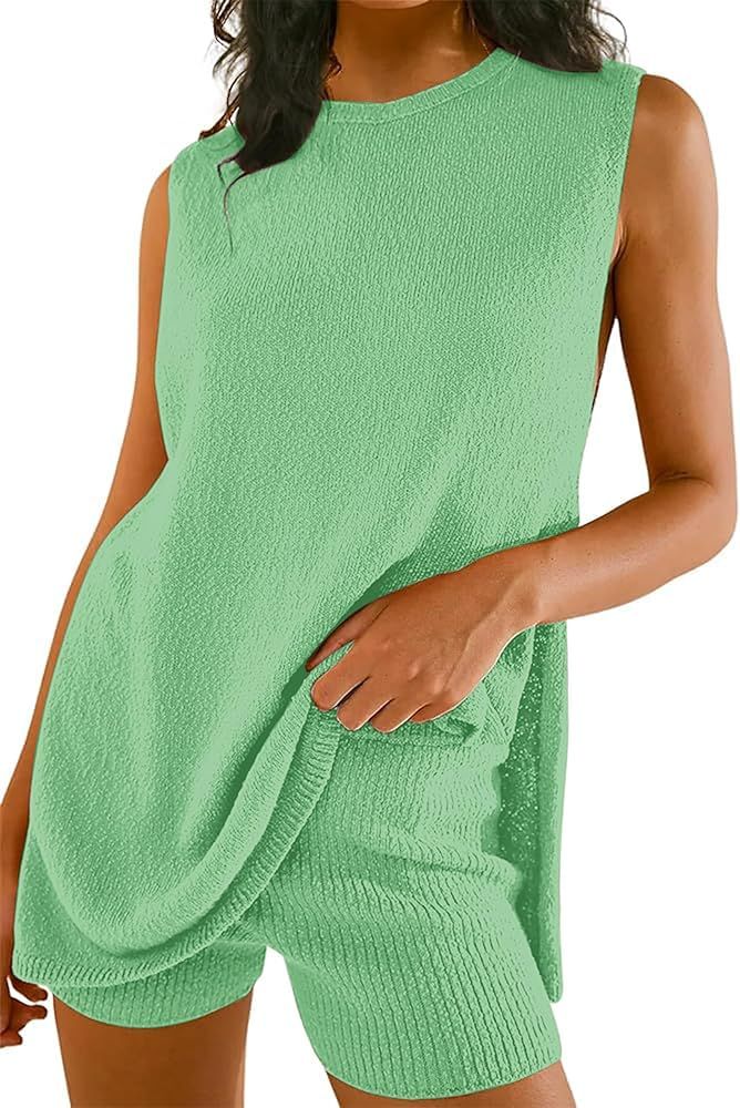 Women Summer Knit Sweater Set Two Piece Outfits Sleeveless Tunic Tank Top Matching Shorts Vacatio... | Amazon (US)