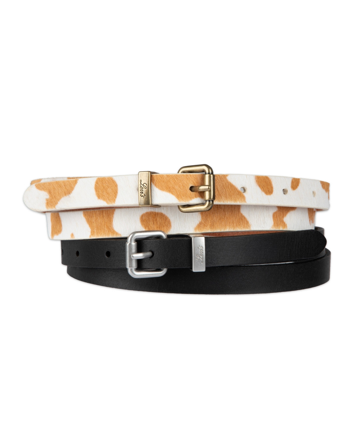 Levi's Women's 2-Pack Solid Cow Print Skinny Casual Belt Set - Brown Cow/Black | Macy's